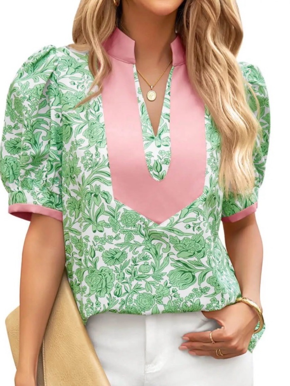 Cicy Bell Women's Green Floral Puff Sleeve Top with Pink Trim great cond XL